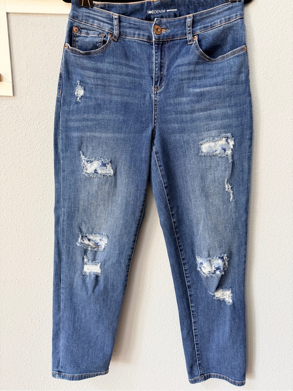 INC International Concepts Distressed Patched Boyfriend Jeans Size 8
